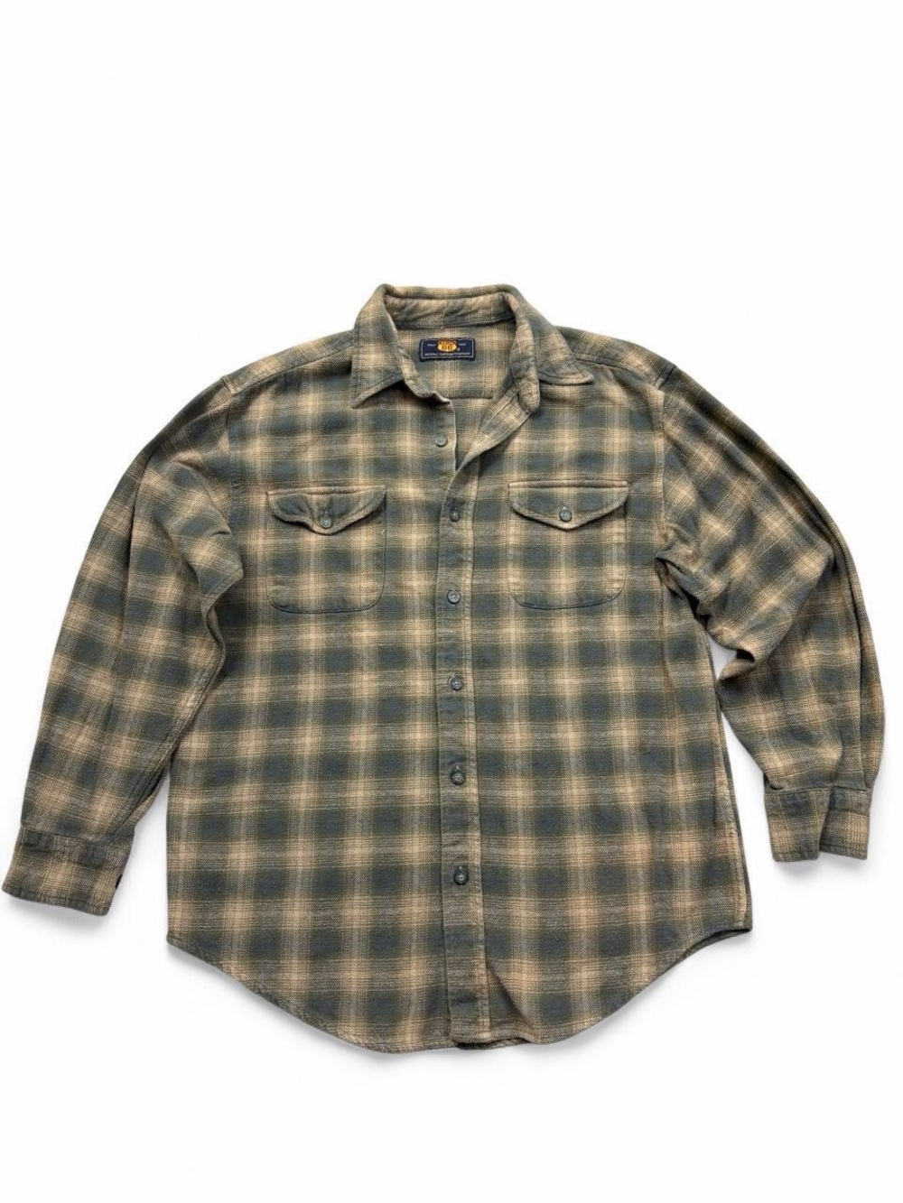 90s Route 66 Flannel Shirt Tan Olive Plaid Grunge Grandpacore Men's M